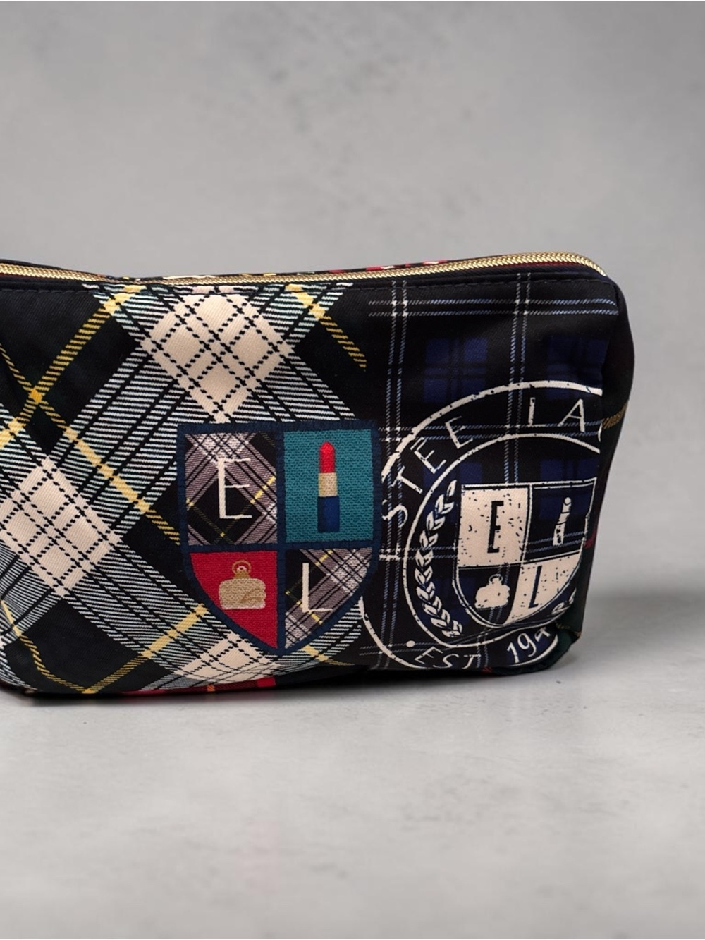 Estee Lauder Navy, Cream and Gold Plaid Cosmetic Pouch with Crest